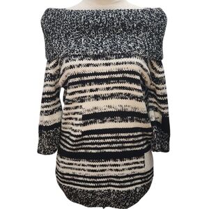 White House Black Market Cowl Neck Sweater Cable Knit White & Black M 3/4 Sleeve